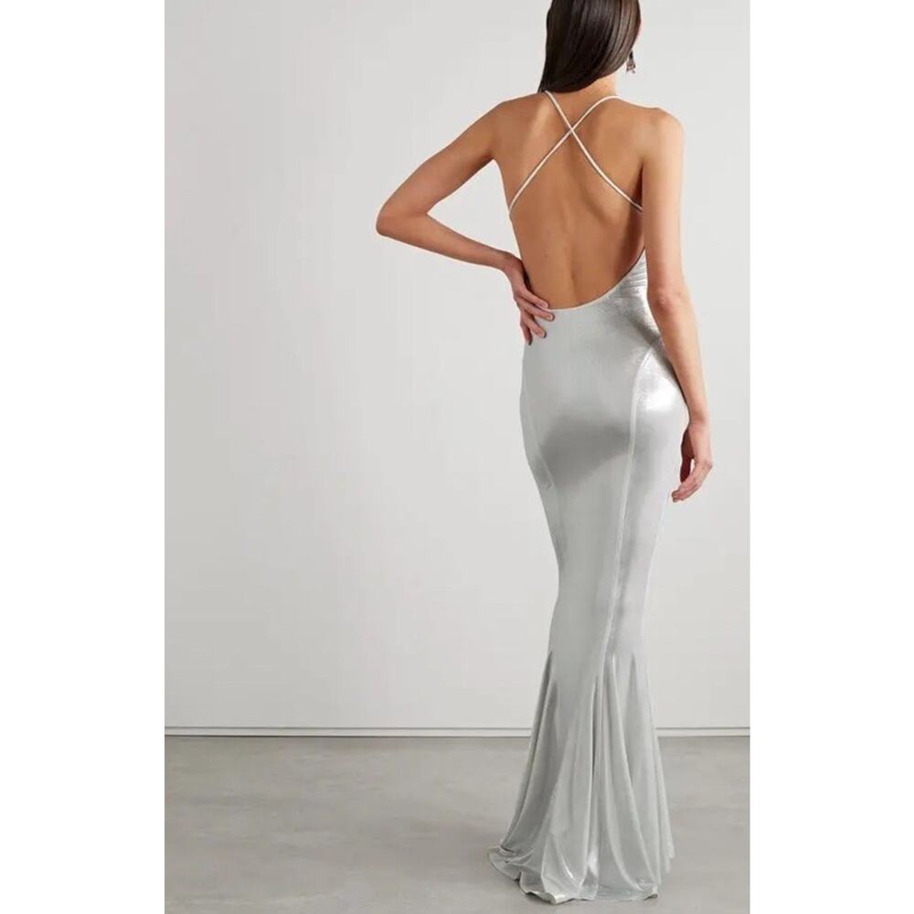 Norma Kamali Metallic Stretch Lamé Open Back Maxi Mermaid Gown Silver Large - Picture 4 of 14